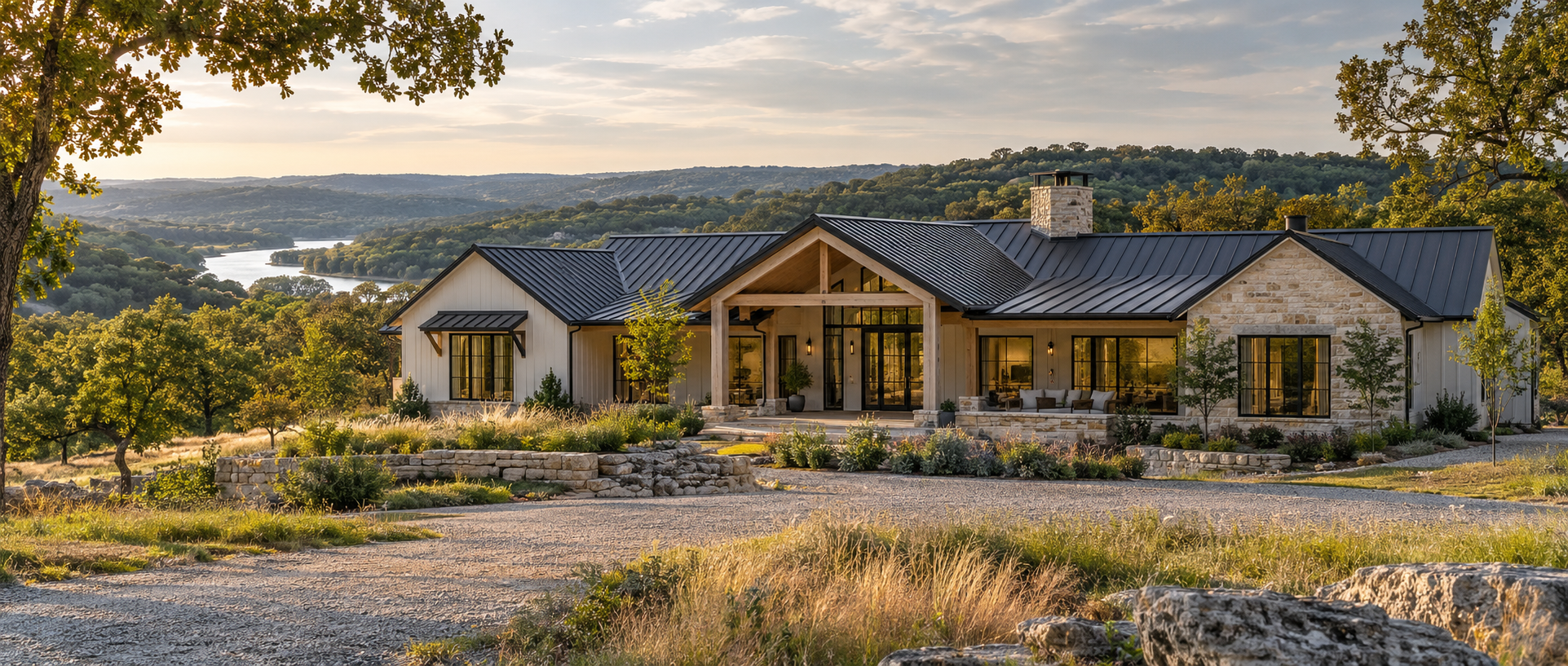 Illustrative modern farmhouse surrounded by the rolling green Ozarks